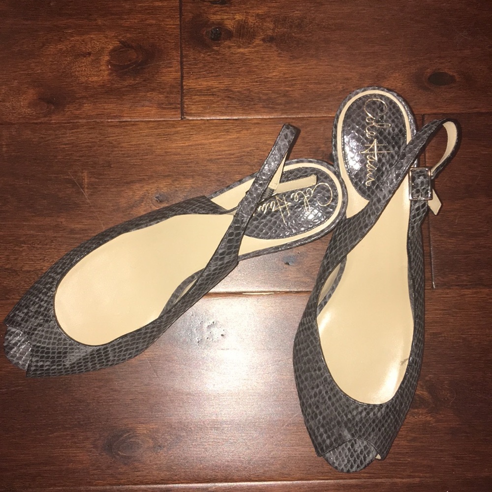 Cole Haan snake skin peep toe heels